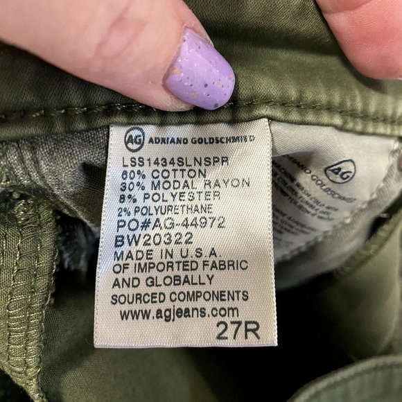 AG Adriano Goldschmied The Prima Cigarette Leg Olive Green Jeans Size 27 R - Picture 5 of 8